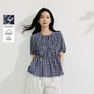 茵曼（INMAN）章若楠同款法式方領(lǐng)格紋連衣裙2025夏季新品女裝泡泡袖裙子 襯衫-18525529 M