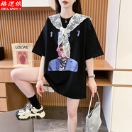格邏依（GELUOYI）韓系純棉洋氣上衣chic寬松短袖t恤女2025夏季新款遮臀顯瘦女裝 黑色（帶披肩） L 【105-130斤】