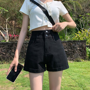 妙奕嘉黑色牛仔短褲女夏季外穿女士顯腿長高腰辣妹運(yùn)動(dòng)休閑褲子小個(gè)子 卷邊雙扣高腰牛仔短褲【黑色】 L 【建議100-115斤】