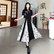 XCFREHT國風(fēng)改良旗袍裙2025夏季新款抖音復(fù)古印花拼接收腰 黑色【款】 S 建議80-95斤