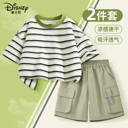 迪士尼（Disney）男童夏季套裝2025新款潮帥氣男孩條紋短袖兒童夏裝工裝短褲 純色白條紋+迪h方形魔術(shù)貼k戶外 140 CM體重4862斤