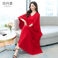 簡(jiǎn)丹柔蝙蝠袖連衣裙女夏季高級感夏裝雪紡大碼純色收腰大擺超仙舞蹈長(cháng)裙 紅色 M