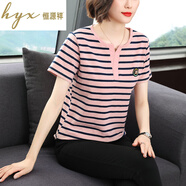 恒源祥純棉條紋短袖T恤女新款中老年媽媽裝大碼減齡上衣V領(lǐng)洋氣女士小衫 粉色條紋 2XL 適合110-125斤