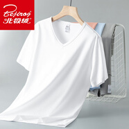 北極絨莫代爾冰絲短袖t恤男裝夏季V領(lǐng)純色上衣服涼感透氣速干半袖體恤衫 白色 【短V】 XS 【60斤左右】