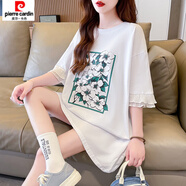 皮爾卡丹（pierre cardin）純棉個性設計感荷葉邊拼接短袖t恤女夏季新款寬松特大碼300斤 白色 L 【適合120-150斤】
