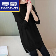 羅蒙（ROMON）高端羊毛衫2024新款毛衣女大碼加厚秋冬半高領(lǐng)中長(cháng)款打底衫寬松胖 黑色 M 【建議101-109斤