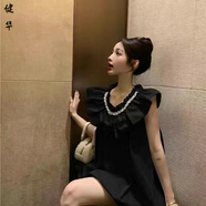 茵侈韓系甜美氣質(zhì)法式小眾百搭V領(lǐng)夏季新款荷葉邊花苞無袖連衣裙 黑色【短裙有內(nèi)里】 L 建議110-125斤