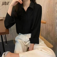 JZDZ大碼顯瘦面試白色襯衫女新款2025春秋季胖MM蝴蝶結(jié)長袖夏裝上衣 黑色 常規(guī) S 【建議80-100斤】
