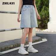 朱阿姨女童牛仔褲2025青少年五分牛仔短褲淺色寬松初高中生女孩夏季輕薄 藍色 150 cm