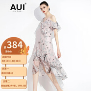 AUI 雪紡連衣裙女2022夏季新款女士裙子氣質(zhì)不規(guī)則荷葉邊碎花裙 粉色 L