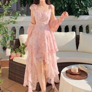 簡(jiǎn)丹柔不規則連衣裙前短后長(cháng)設計感2025春夏茶歇法式碎花吊帶季大碼拖尾 粉色開(kāi)衫 M 85-105斤
