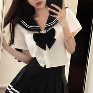 榮西圖學(xué)院風(fēng)顯瘦百褶裙短袖上衣兩件套女裝 襯衫+領(lǐng)結(jié) M
