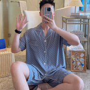沛阮男士睡衣夏季薄款棉綢短袖短褲兩件套裝開(kāi)衫家居服男夏天學(xué)生大碼 波浪線(xiàn)藍 MZS2606 2XL 建議140-160斤