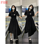 FSHE學(xué)院風(fēng)不規則Polo黑色連衣裙女夏季2025新款大碼裙子胖mm遮肚顯瘦 黑色 L (建議100~115斤)