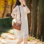 AEMAPE短袖連衣裙2025夏新款時(shí)尚女裝鏤空韓版顯瘦小個(gè)子休閑短袖裙子女 米杏色 M 建議105-115斤
