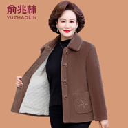 俞兆林（YUZHAOLIN）媽媽冬裝加絨加厚水貂絨棉衣外套小個(gè)子中老年女短款翻領(lǐng)毛呢大衣 咖啡色 2XL (參考100-115斤)