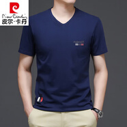 皮爾卡丹（pierre cardin）短袖T恤男青年夏季V領(lǐng)純棉韓版修身印花雞心領(lǐng)體恤衫潮流 V709藏青 L 170/ 建議115-135斤