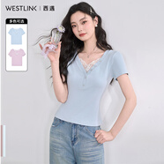 西遇蕾絲邊短袖t恤女2025年夏季新款外搭正肩v領(lǐng)修身短款上衣 藍(lán)色 M