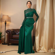 康美詩女士舞會(huì)釘珠婚禮晚禮服新款歐美長(zhǎng)袖生日Evening Party Dresses green 2XL
