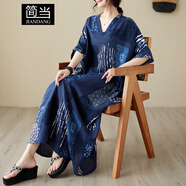 簡(jiǎn)當（JIANDANG）大碼女裝春夏V領(lǐng)寬松文藝度假風(fēng)沙灘連衣裙復古遮肉長(cháng)款袍子9004 藍色 均碼 【200斤以下】