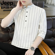 JEEP SPIRIT吉普品牌2025棉麻七分袖t恤男夏季條紋短袖立領(lǐng)五分袖純色百搭潮 8899白色 M 105斤內(nèi)