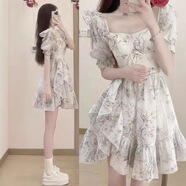 FOX.G碎花連衣裙女裙子夏季衣服女裝2025新款法式純欲小個子顯瘦穿搭 法式碎花泡泡袖連衣裙 S 【建議100斤以內(nèi)】