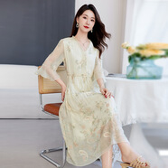 水墨佳人絲韻天香 真絲源頭工廠(chǎng) 桑蠶絲連衣裙寬松中大淑繡花連衣裙女9168 米色 M 90-113