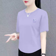 美莎尼純棉短袖夏季t恤女爆款女裝洋氣小衫潮流小清新印花大碼減齡上衣 紫色【幽蘭花肩】 3XL 建議138-150斤