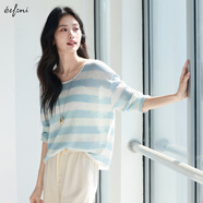 伊芙麗（eifini）伊芙麗竹節麻輕薄百搭撞色條紋罩衫針織衫上衣女2025夏季新款 藍色 L 120-135斤
