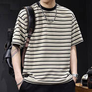 依男說衣條紋撞色短袖t恤男士夏季2025新款大碼高端衣服潮牌男款百搭體恤 杏色 XL （140-160斤）