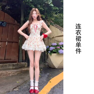 MR.KA2025新款小個子法式碎花吊帶連衣裙子夏季女裝收腰蓬蓬裙短裙套裝 公主蓬蓬裙 S 80-90斤