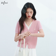 伊芙麗（eifini）伊芙麗V領(lǐng)假兩件單排扣針織衫女2025夏季新款百搭休閑基礎(chǔ)毛衫 粉色 短袖版 S 80-105斤