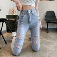 HUALIN FASHION高腰彈力破洞牛仔褲女顯瘦小腳褲淺色九分春夏新款 淺藍色九分褲 XL (125-140斤)