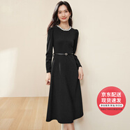 凡琴串珠赫本小黑裙春秋女裝A字裙輕奢配腰帶 444L73389 黑色 L