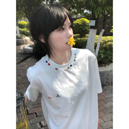 燦圖白色刺繡純棉短袖t恤女夏季新款小眾半袖內搭潮流寬松打底衫上衣 白色 L