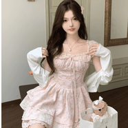 FR.YH.ZH小仙女的衣櫥櫻織花翎秋冬甜美小飛袖溫柔碎花收腰打底連衣短裙 粉色吊帶裙 4XL (180-200斤)