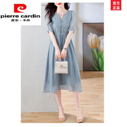 皮爾卡丹（pierre cardin）法式刺繡雪紡連衣裙女夏季2025年新款氣質(zhì)收腰顯瘦中長(cháng)款大擺裙子 藍色 S