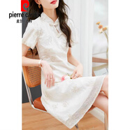 皮爾卡丹（pierre cardin）一線改良旗袍蕾絲連衣裙女夏季優(yōu)雅氣質(zhì)雪紡提花裙子針織 白色 S 建議80-100斤