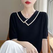 古升冰絲針織短袖t恤女2025新款爆款時(shí)尚別致V領(lǐng)寬松大碼女裝夏季上衣 黑色 M