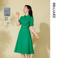 粉藍衣櫥2025夏裝新款休閑通勤短袖連衣裙【棉感襯衫裙】552L802 森林綠 2XL