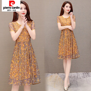 皮爾卡丹（pierre cardin）媽媽連衣裙夏季中年女裝2025新款短袖中長(cháng)款印花裙 橘黃色 5XL 【建議165-180斤】