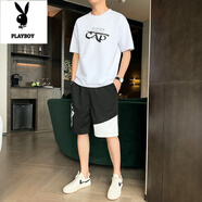 花花公子兩件套裝男士2025新款冰絲夏季一套休閑搭配潮流男裝衣服短袖t恤 0818白色 M