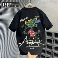 JEEP SPIRIT吉普貼布繡夏季新款蘭戈蜥蜴印花恤男生寬松短袖體恤吸汗透氣上衣 黑色 M 95-110斤