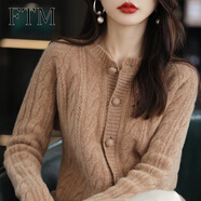 斐特瑪毛針織開(kāi)衫女外搭寬松秋冬針織衫圓領(lǐng)交花毛衣外套女上衣春秋季 金駝色 2XL