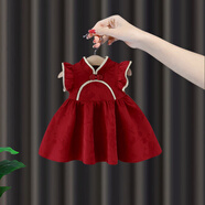劉潮布抓周衣服女寶寶周歲女寶禮服女童夏季國(guó)風(fēng)漢服連衣裙嬰兒抓周旗袍 酒紅色 90 cm