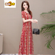 初徑2025夏季新款棉綢連衣裙中長(cháng)款媽媽裝顯瘦收腰碎花A字大擺長(cháng)裙 3號色 XL 建議95-115斤