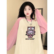 冠軍閃電美國(guó)重磅Hellokitty凱蒂貓插肩拼色短袖T恤大碼女裝甜美百搭半袖 長(zhǎng)袖 HZ015-粉色拼杏色 L 【建議100-120斤】