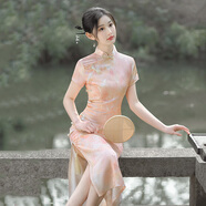 康美詩國風(fēng)長款改良旗袍新款2025年輕款女復(fù)古修身日?？纱┳咝憧畲合难b 淡粉 2XL