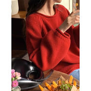FHHUABD法式洋氣針織衫毛衣套頭2023新款女秋冬韓版粗棒針寬松慵懶風上衣 紅色 均碼
