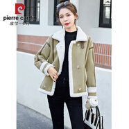 皮爾卡丹（pierre cardin）皮毛一體羊.羔毛外套女短款2025新款秋冬加厚羊羔絨機(jī)車服潮 橄欖綠 2XL (140-155斤)